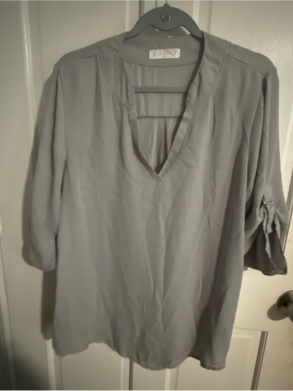 Rosewear Light Gray V-Neck Roll-Sleeve Women's Blouse